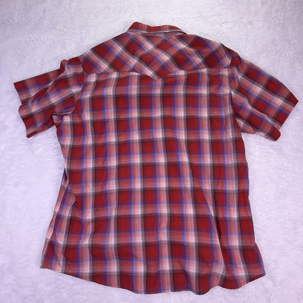 Wrangler Mens XL Red White & Blue Plaid Pearl Snaps Short Sleeve Button Up Shirt - Picture 8 of 8